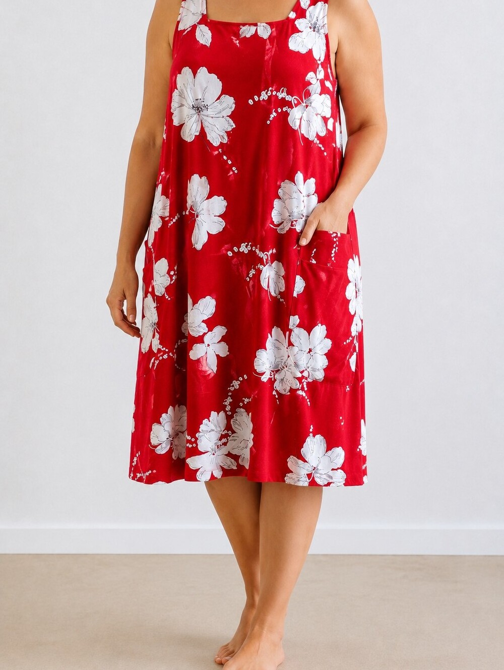 Sleeveless Red Midi Dress with White Floral Print